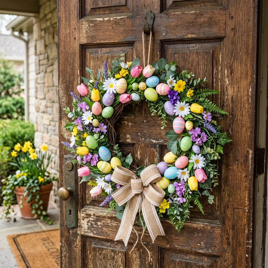 DIY Easter wreath with flowers and plastic eggs